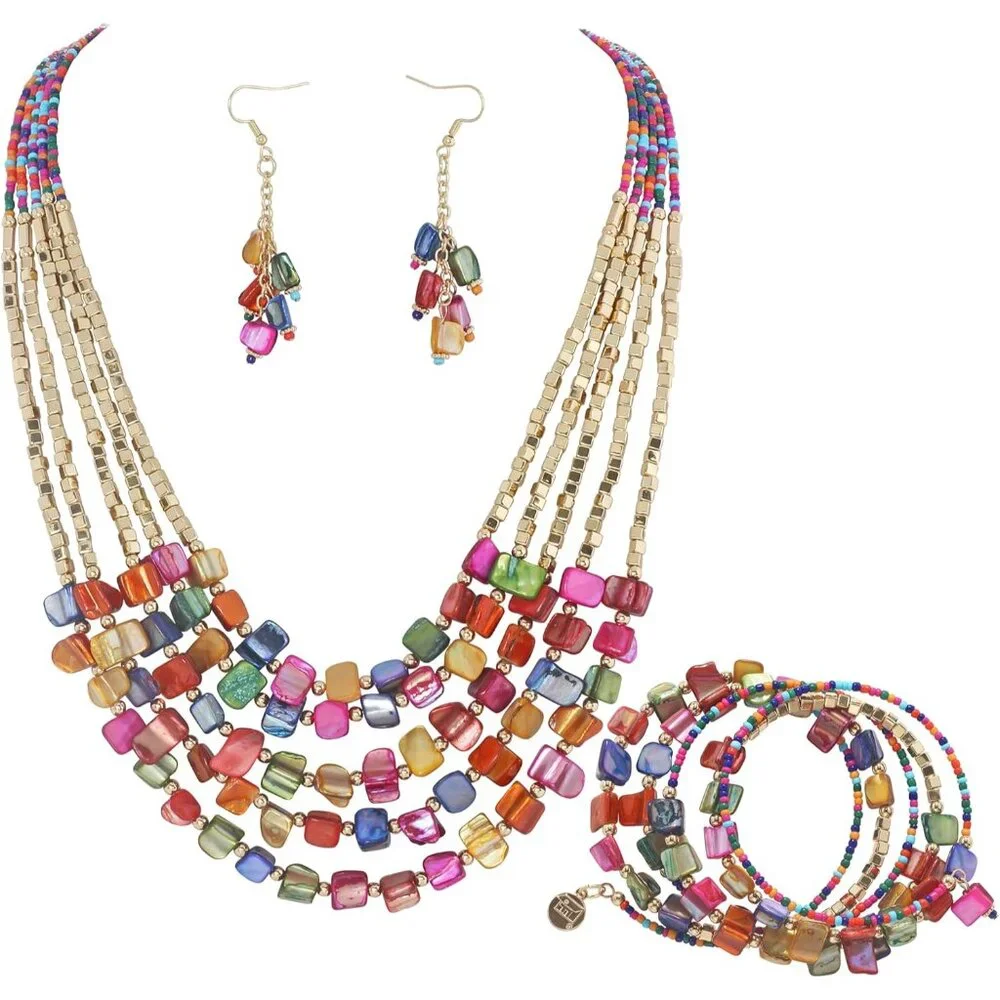 Bohemian Layered Shell Beaded Necklace With Earrings Seed Bead Irregular Costume